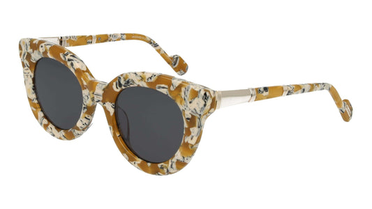 L.A.M.B. LA603 YEL Sunglasses in milky yellow acetate with black and white tortoise pattern, smoke lenses, gold metal detailing, round 48-22-140 frame designed by Gwen Stefani.