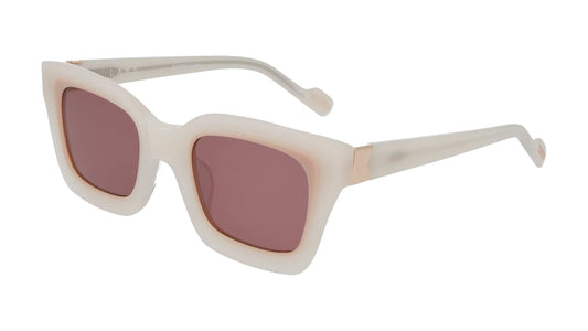 L.A.M.B. LA604 WHT Sunglasses in milky bone and blush acetate with mauve lenses and warm gold metal detailing, square 50-24-140 frame designed by Gwen Stefani.