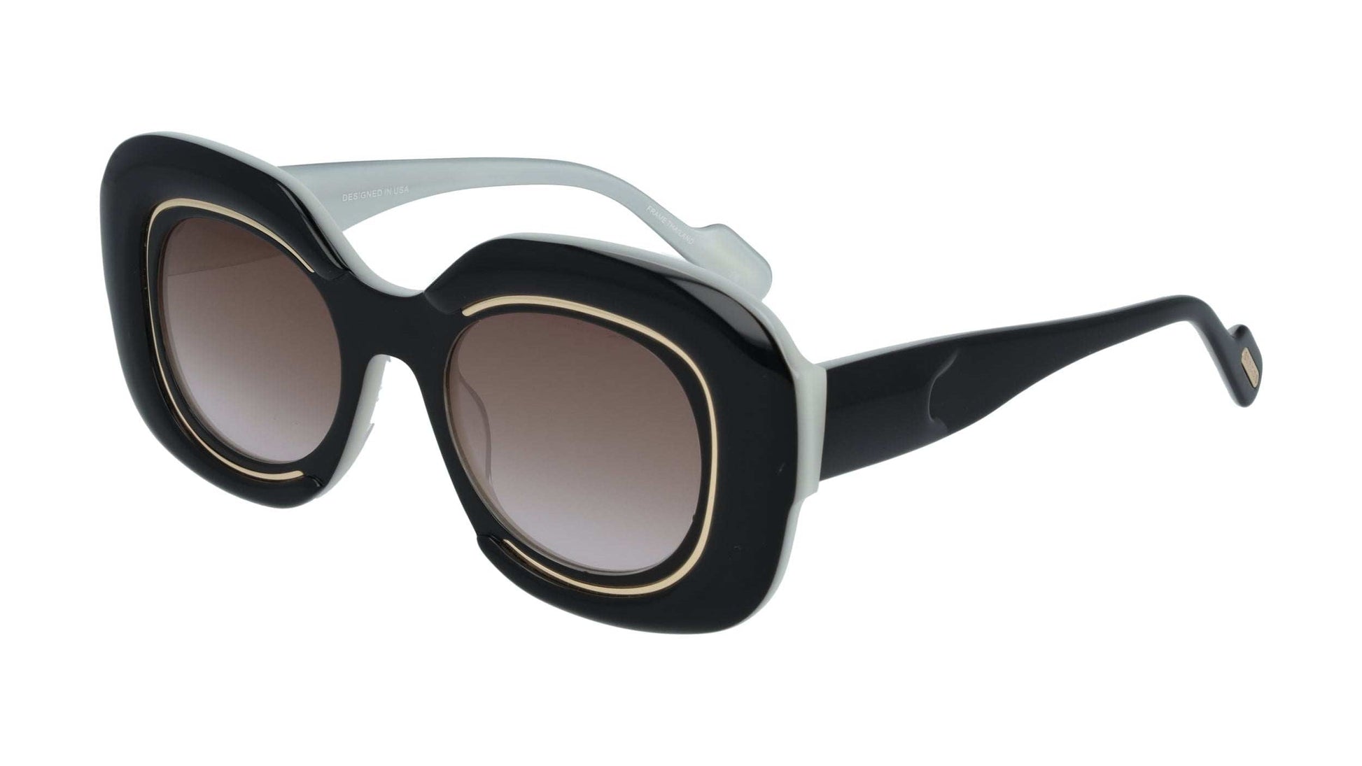 L.A.M.B. LA608 BLK Sunglasses black over pearl acetate frame with brown fade lenses and gold detailing, UV400 protection