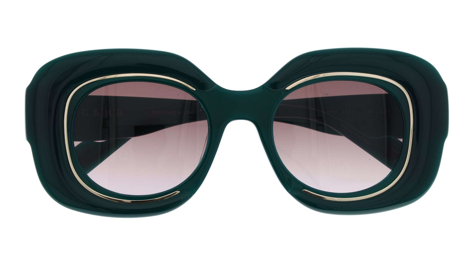 L.A.M.B. LA608 GRN Sunglasses milky emerald acetate frame with smoky brown fade lenses and gold detailing