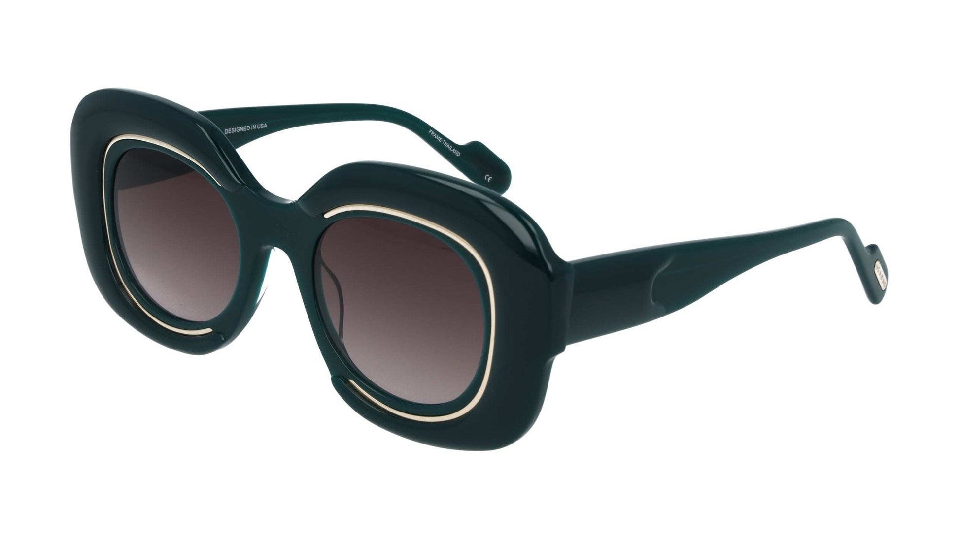 L.A.M.B. LA608 GRN Sunglasses milky emerald acetate frame with gold detailing and smoky brown UV400 lenses