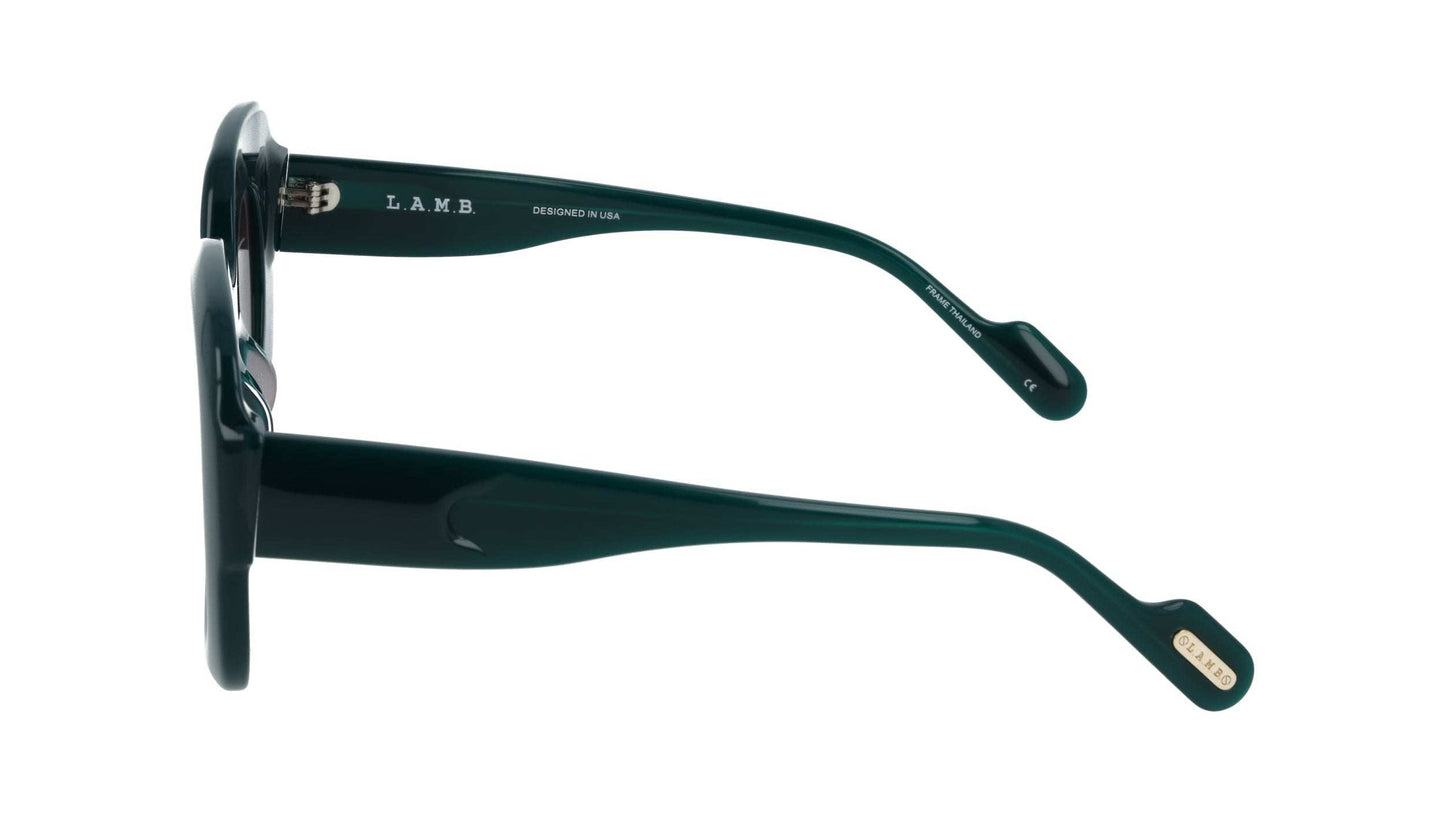 L.A.M.B. LA608 GRN Sunglasses milky emerald acetate frame with gold details and smoky brown UV400 lenses