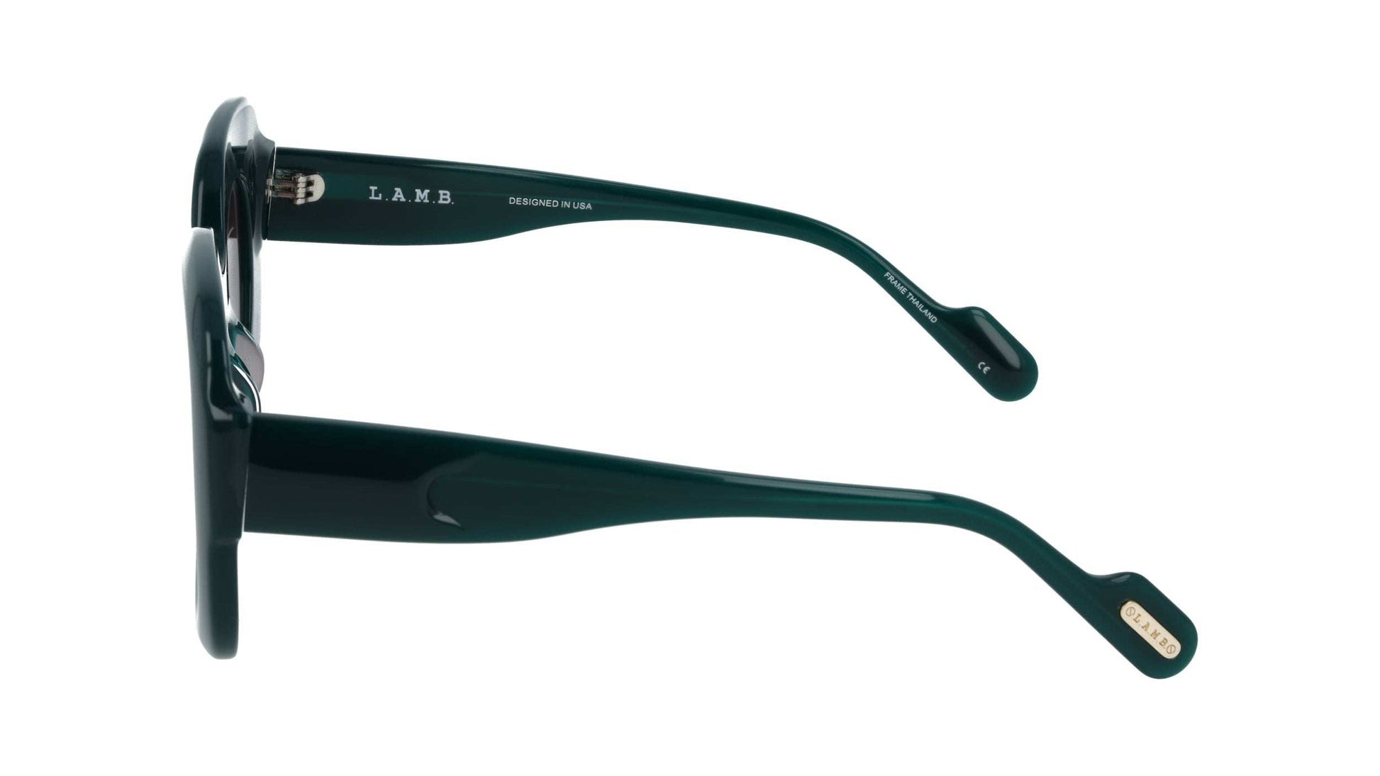 L.A.M.B. LA608 GRN Sunglasses milky emerald acetate frame with gold details and smoky brown UV400 lenses