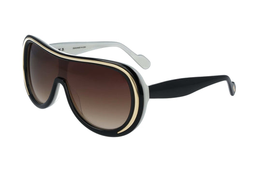 L.A.M.B. LA609 BLK Sunglasses Sunglasses with a black and gold frame on a white background