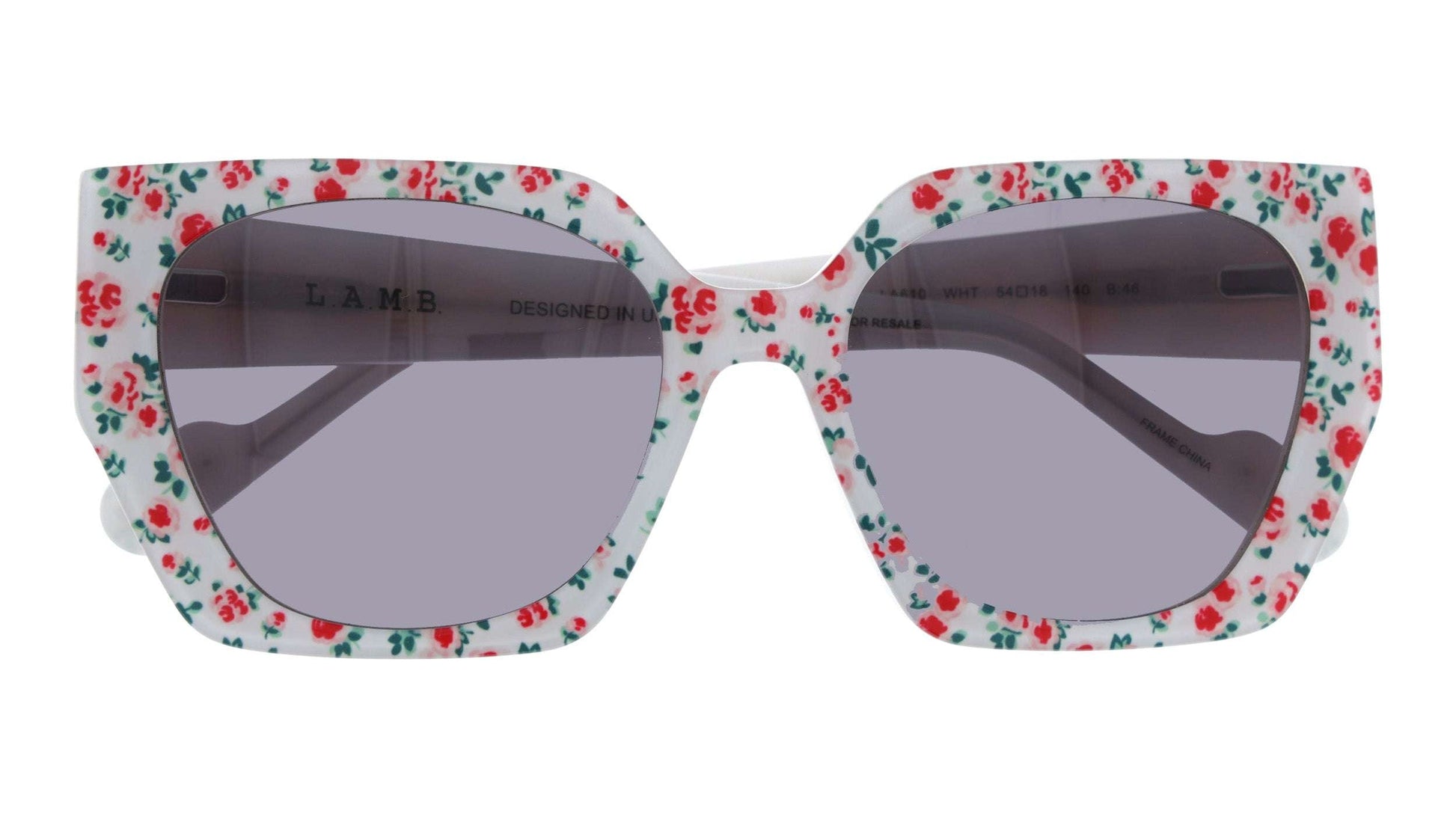 L.A.M.B. LA610 WHT Sunglasses white floral print geometric acetate frame with gold details and smoky lenses UV400 protection