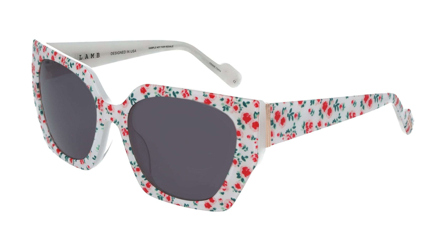 L.A.M.B. LA610 WHT Sunglasses with white floral print, geometric acetate frame, gold detailing, smoky lenses, and UV400 protection