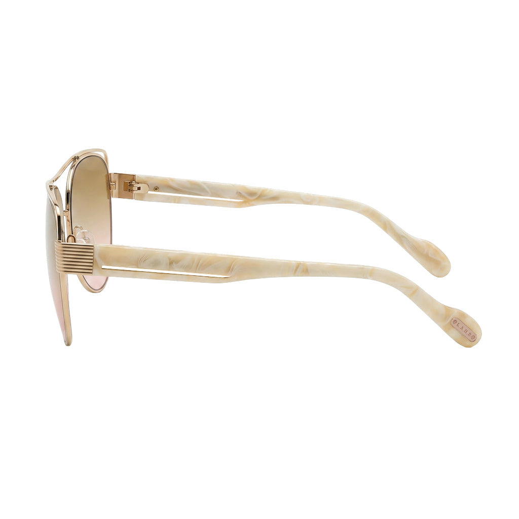 L.A.M.B. LA612 BON sunglasses with bone pearl marble temples, gold aviator frame, and brown gradient UV400 lenses