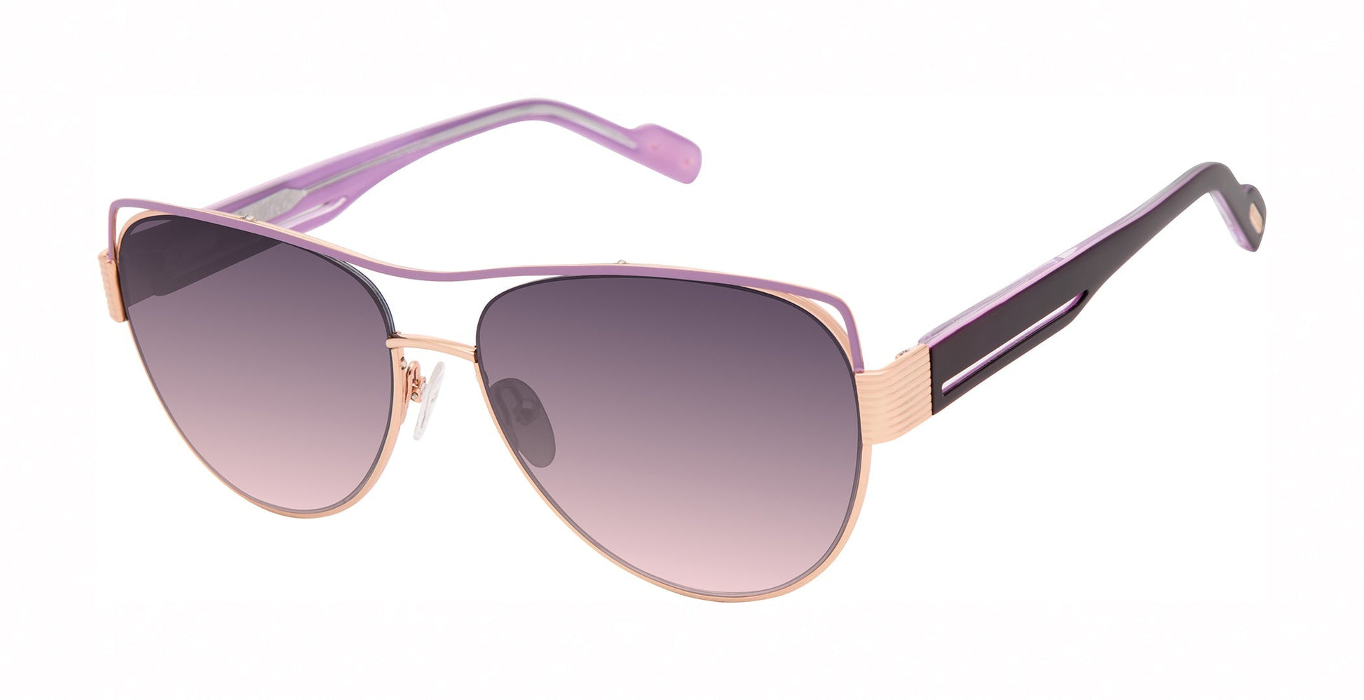 L.A.M.B. LA612 PUR aviator sunglasses with rose gold frame and purple-black temples, UV400 protection