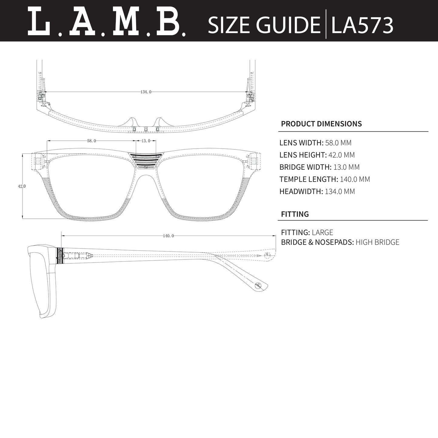 Technical drawing of a pair of glasses with dimensions labeled, featuring the brand 'L.A.M.B.'
