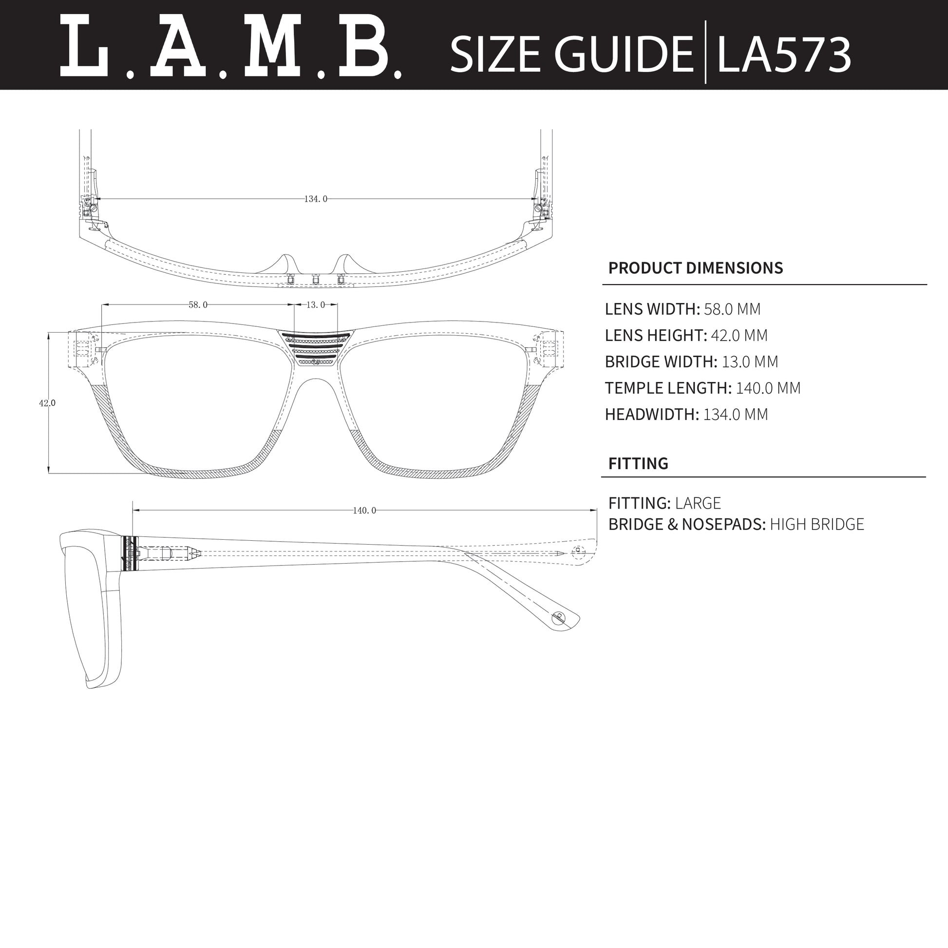 Technical drawing of a pair of glasses with dimensions labeled, featuring the brand 'L.A.M.B.'