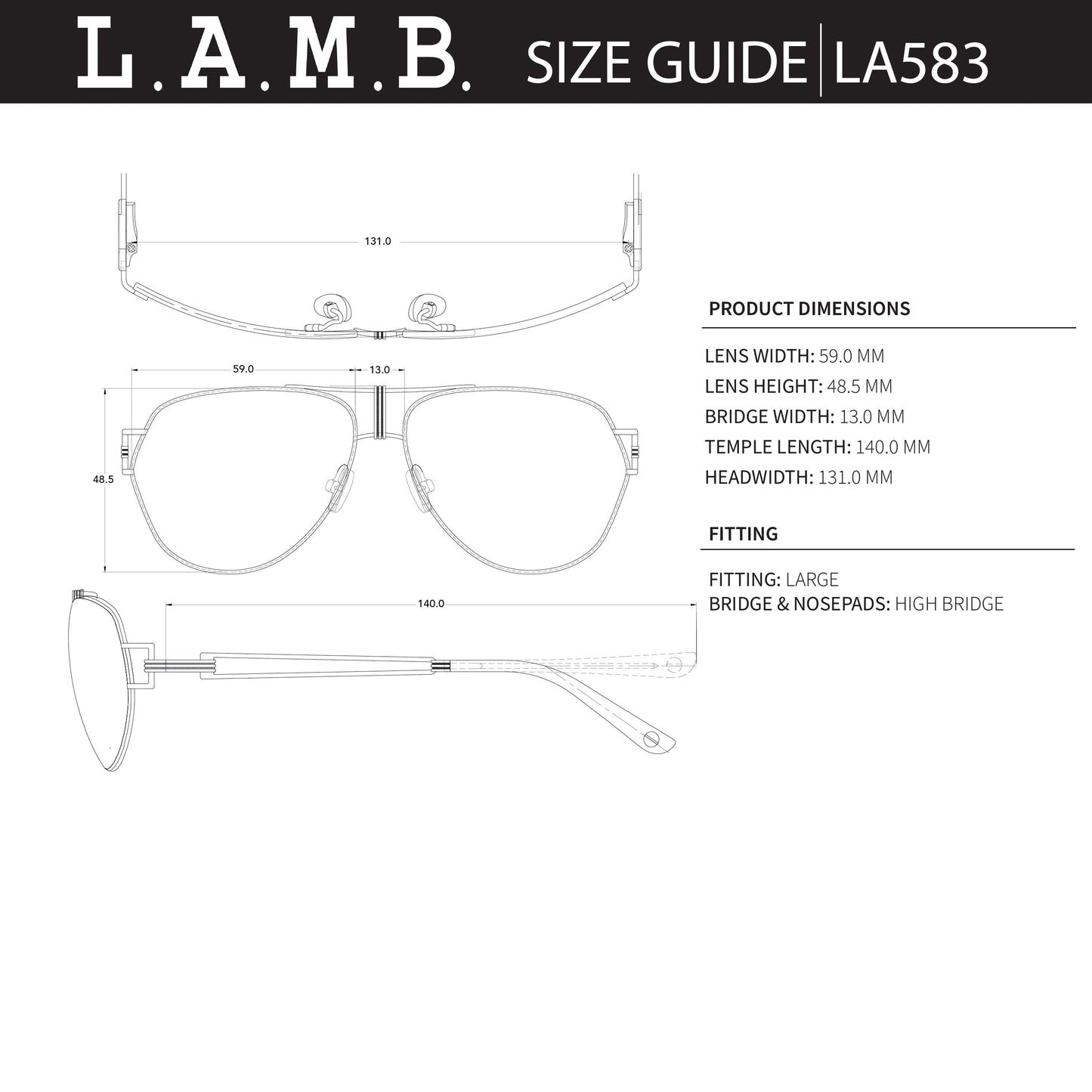 L.A.M.B. LA583 BLK sunglasses size guide with detailed measurements for lens, bridge, temple, and head width in black metal aviator style