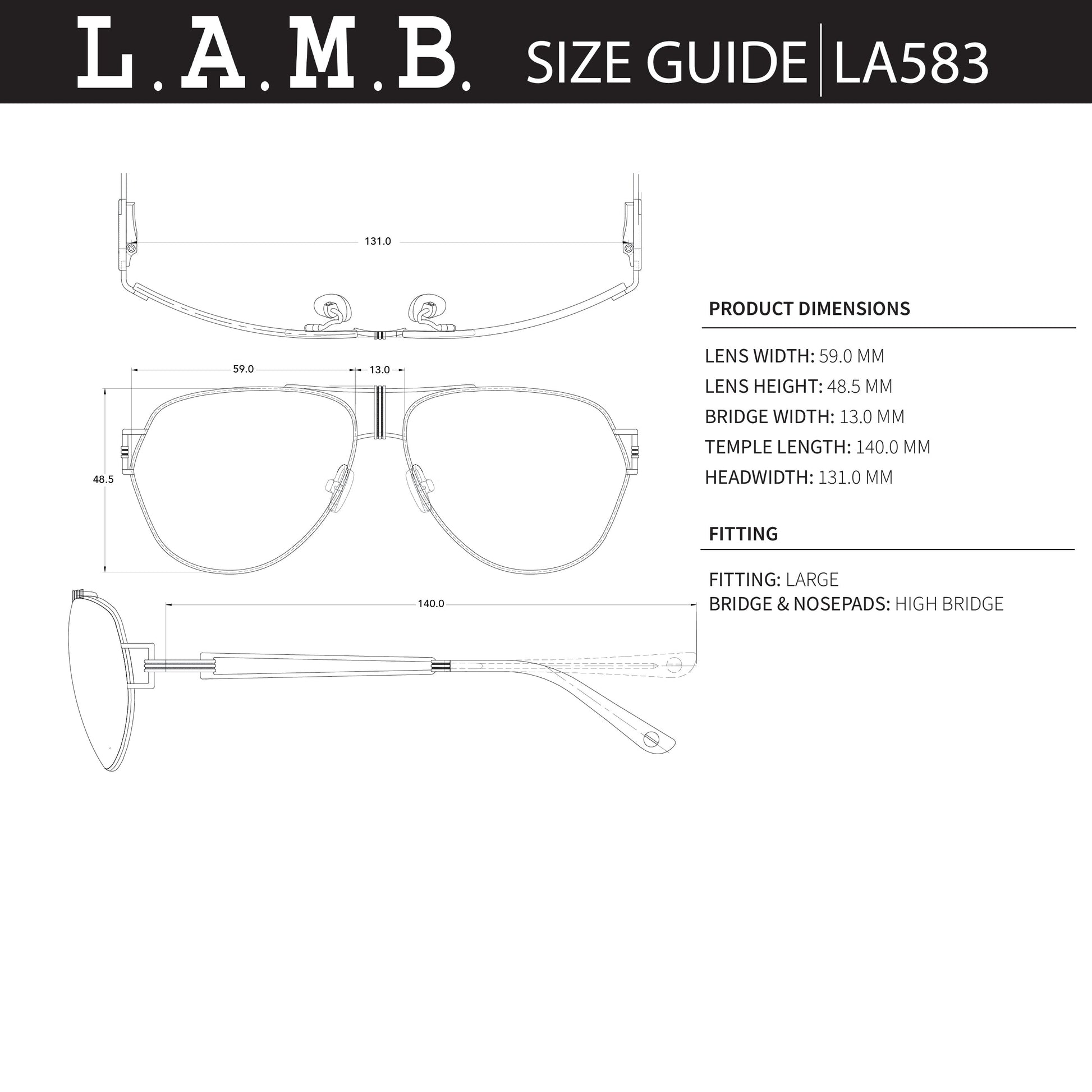 L.A.M.B. LA583 BLK sunglasses size guide with detailed measurements for lens, bridge, temple, and head width in black metal aviator style