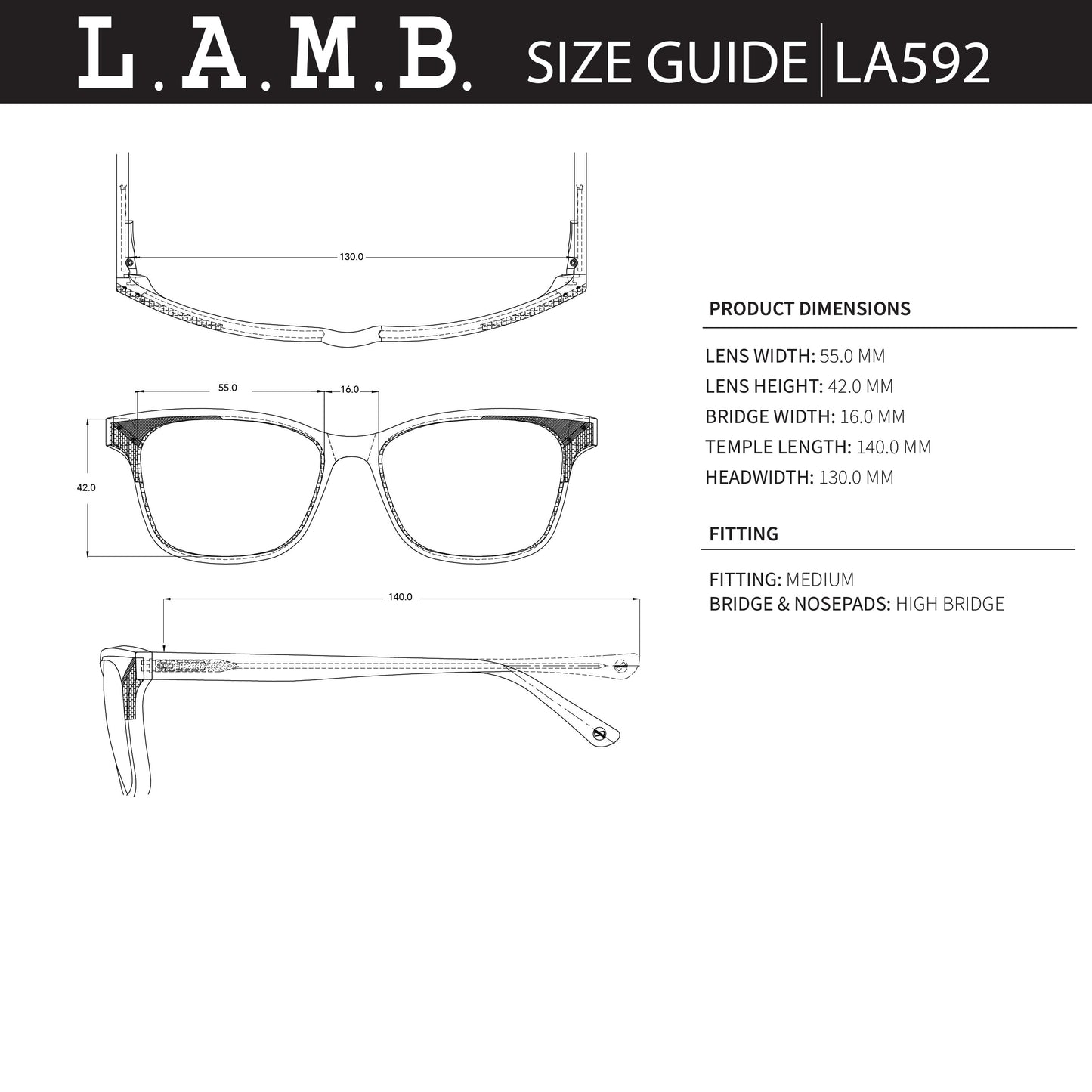 L.A.M.B. LA592 GRY Sunglasses technical size guide with lens width, height, bridge width, temple length, and medium fitting details