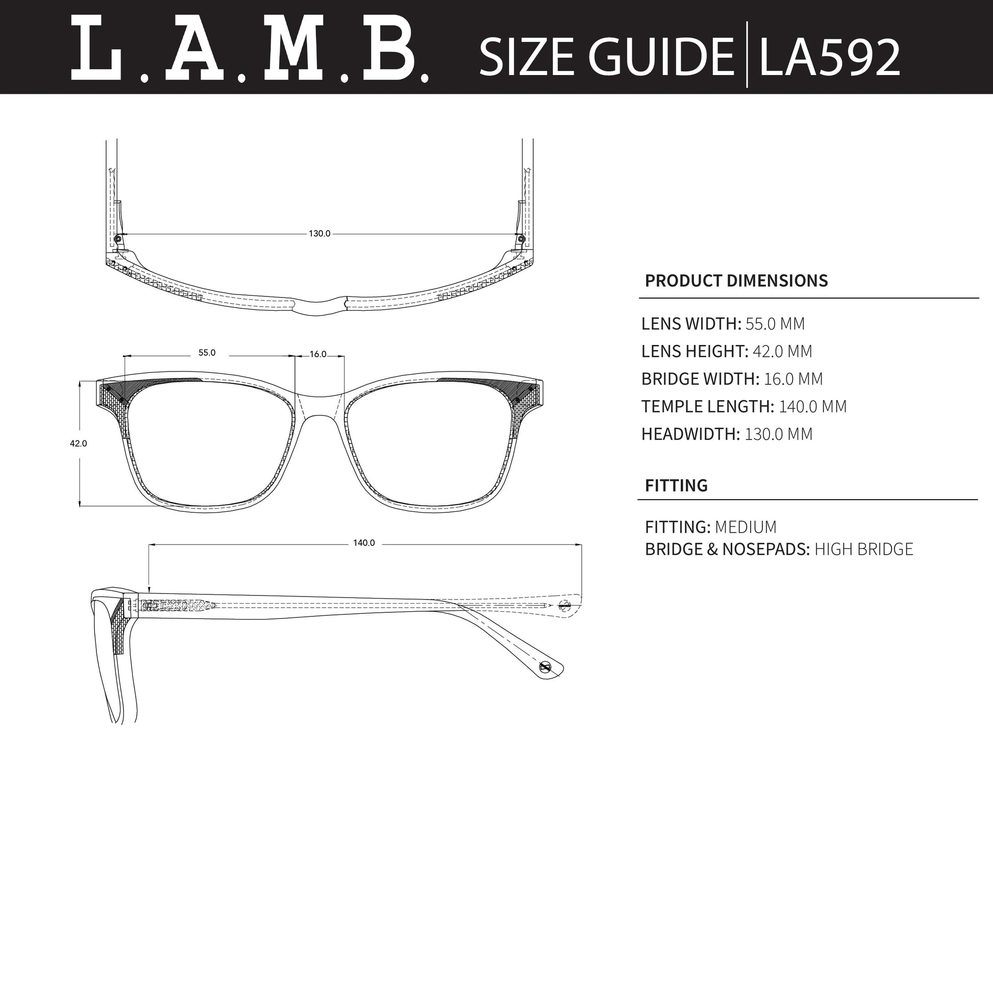 L.A.M.B. LA592 GRY Sunglasses technical size guide with lens width, height, bridge width, temple length, and medium fitting details