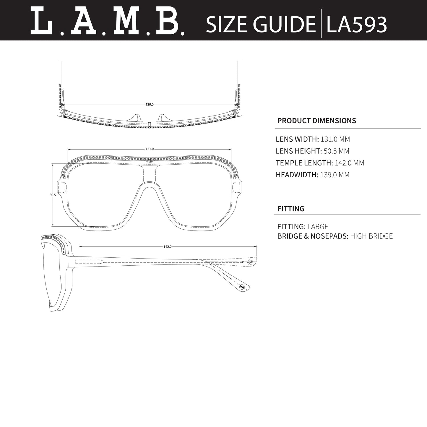 L.A.M.B. LA593 BLK sunglasses technical size and dimension guide with measurements and fitting details