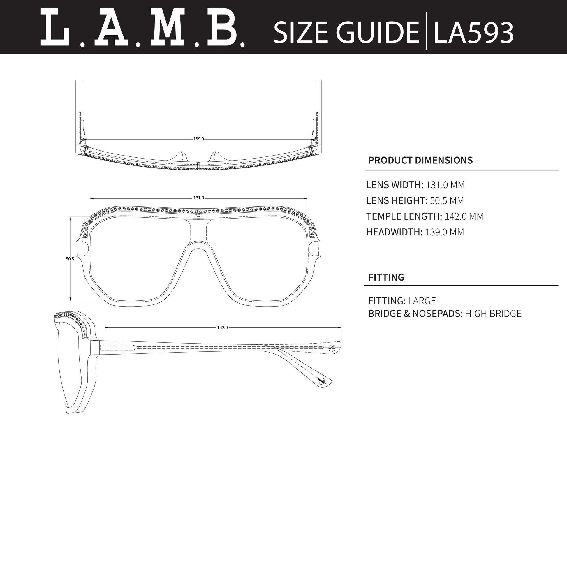 L.A.M.B. LA593 BLK sunglasses technical size and dimension guide with measurements and fitting details