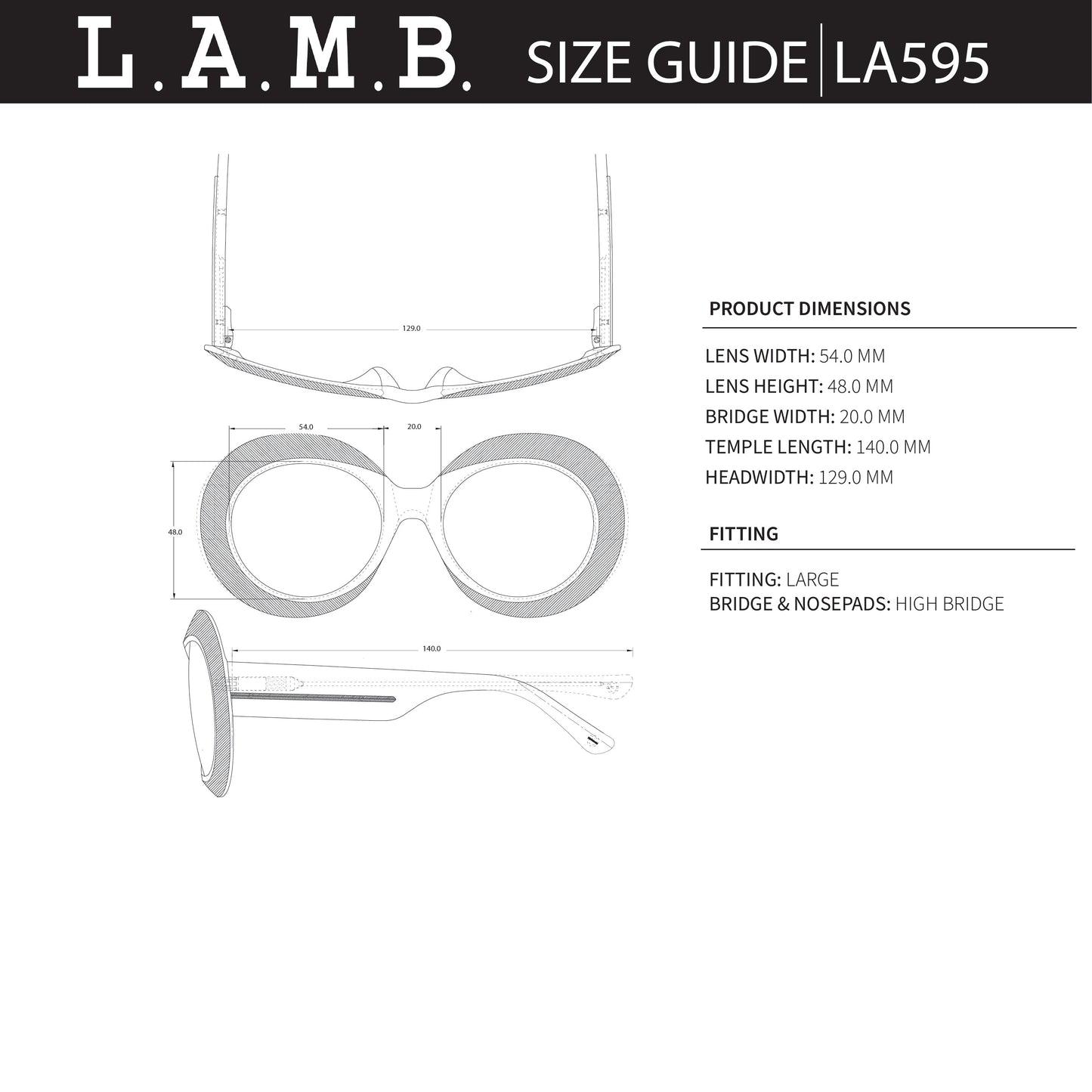 Technical drawing of L.A.M.B. LA595 BLK oversized oval sunglasses with dimensions and fitting details