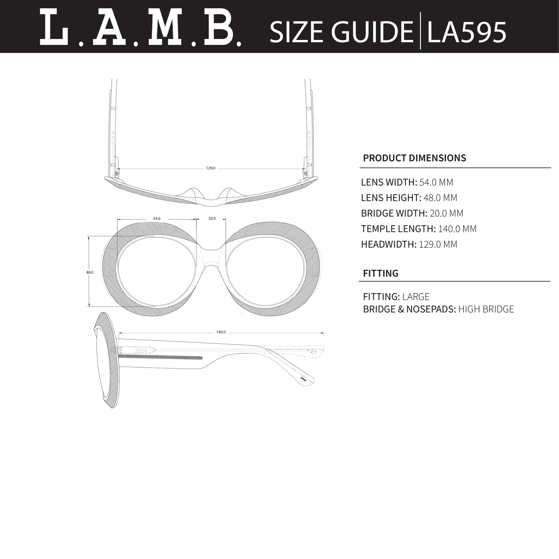 Technical drawing of L.A.M.B. LA595 BLK oversized oval sunglasses with dimensions and fitting details