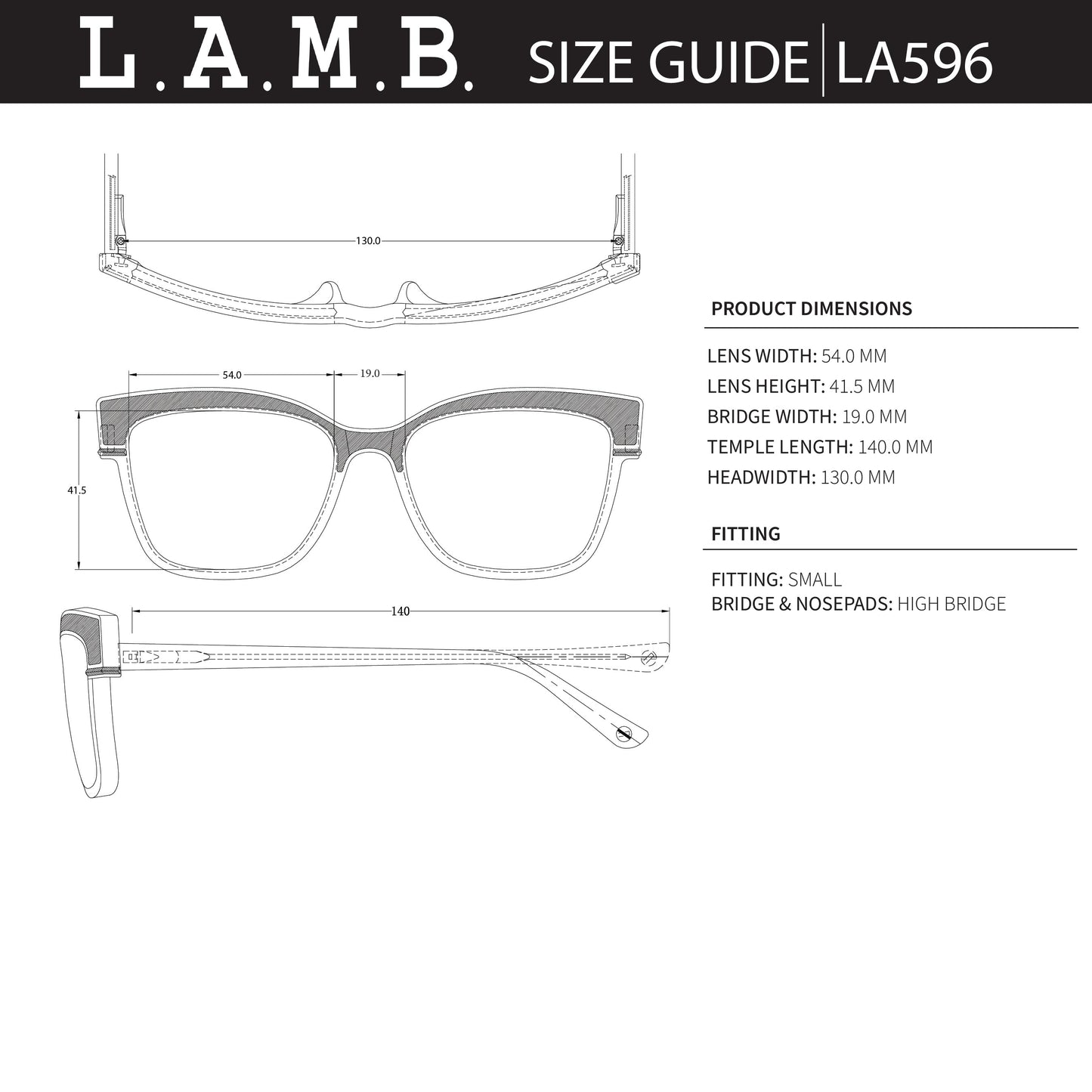 L.A.M.B. LA596 BLK sunglasses size guide with detailed dimensions and fitting information for black acetate frames.