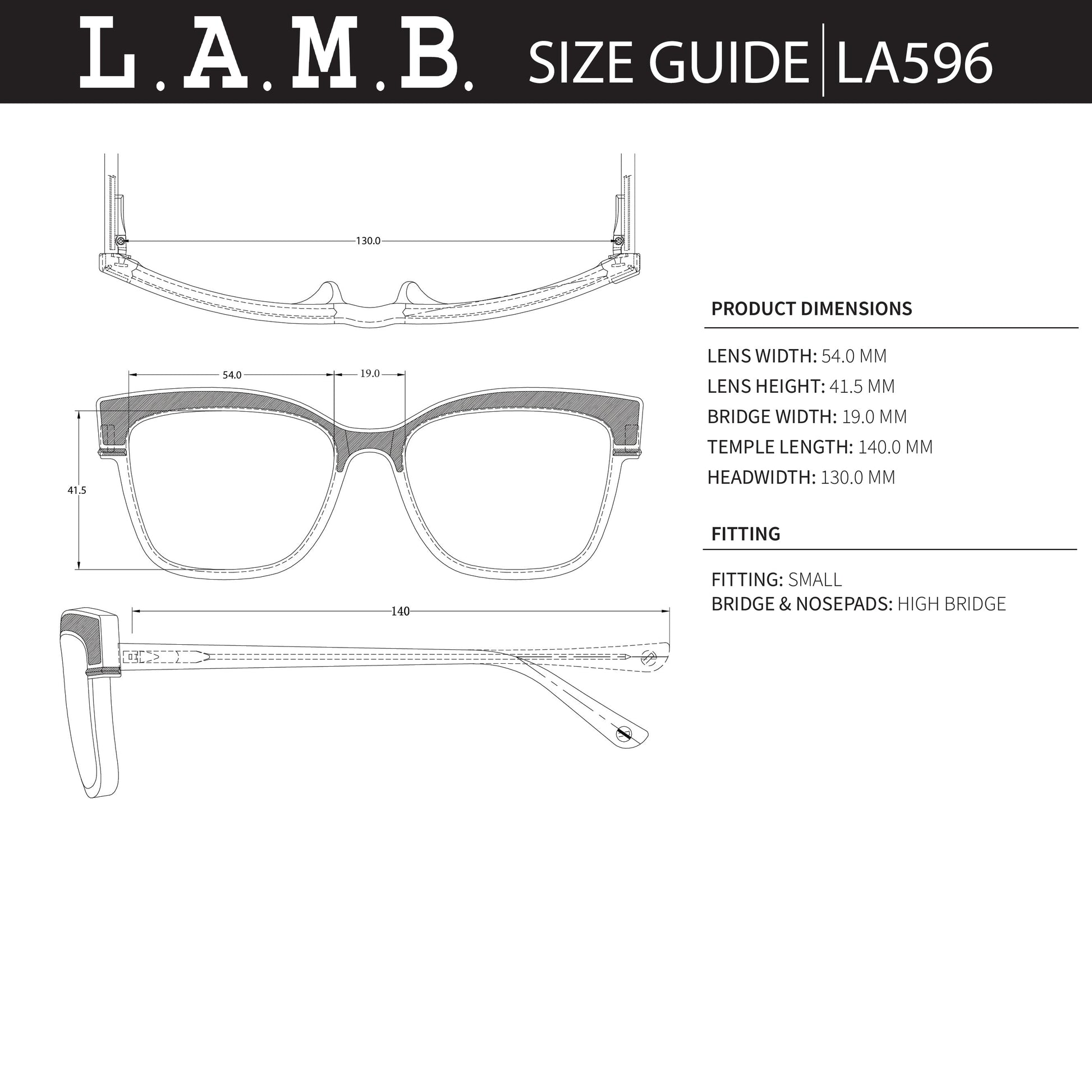 L.A.M.B. LA596 BLK sunglasses size guide with detailed dimensions and fitting information for black acetate frames.