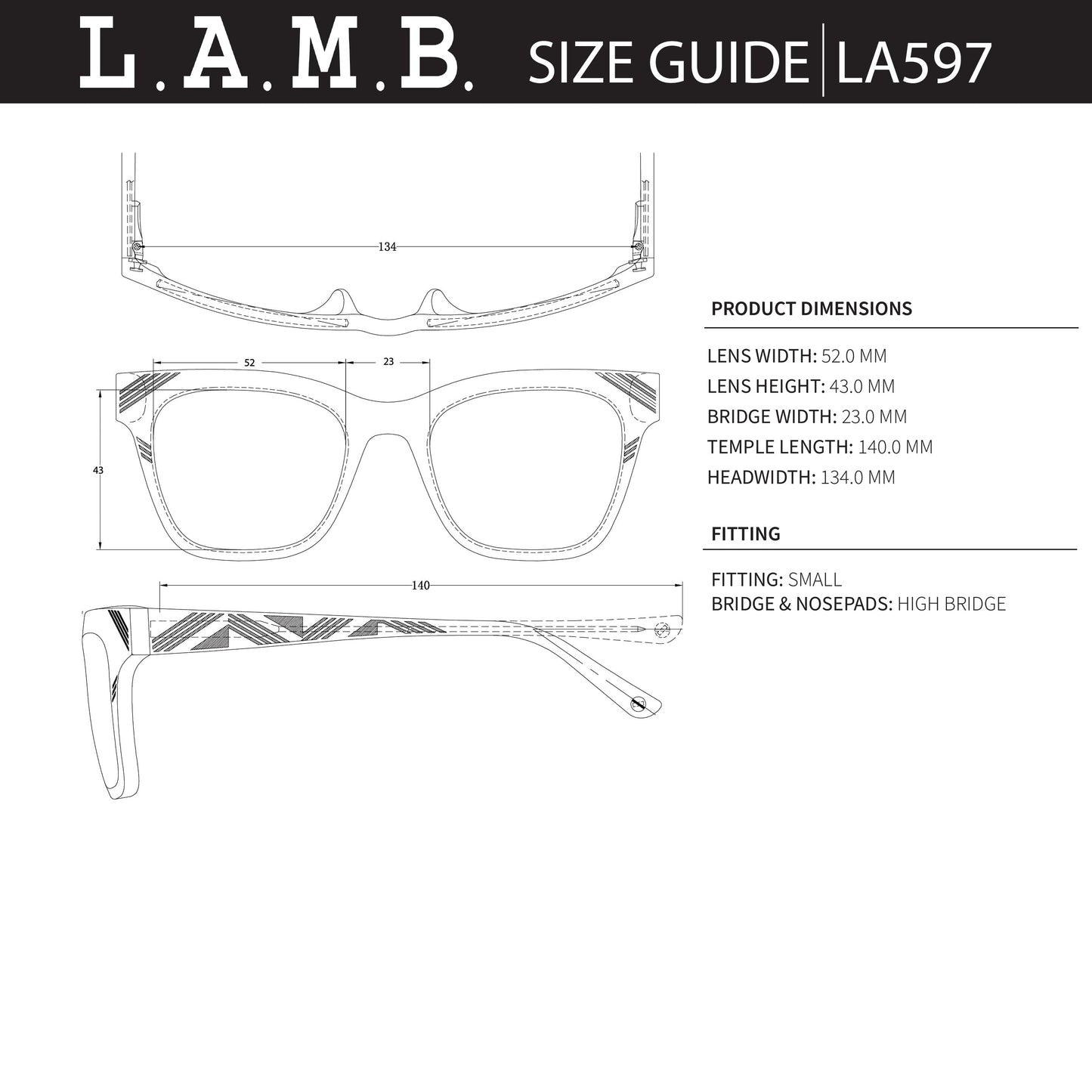 L.A.M.B. LA597 BLK sunglasses technical size guide with detailed measurements and fitting information