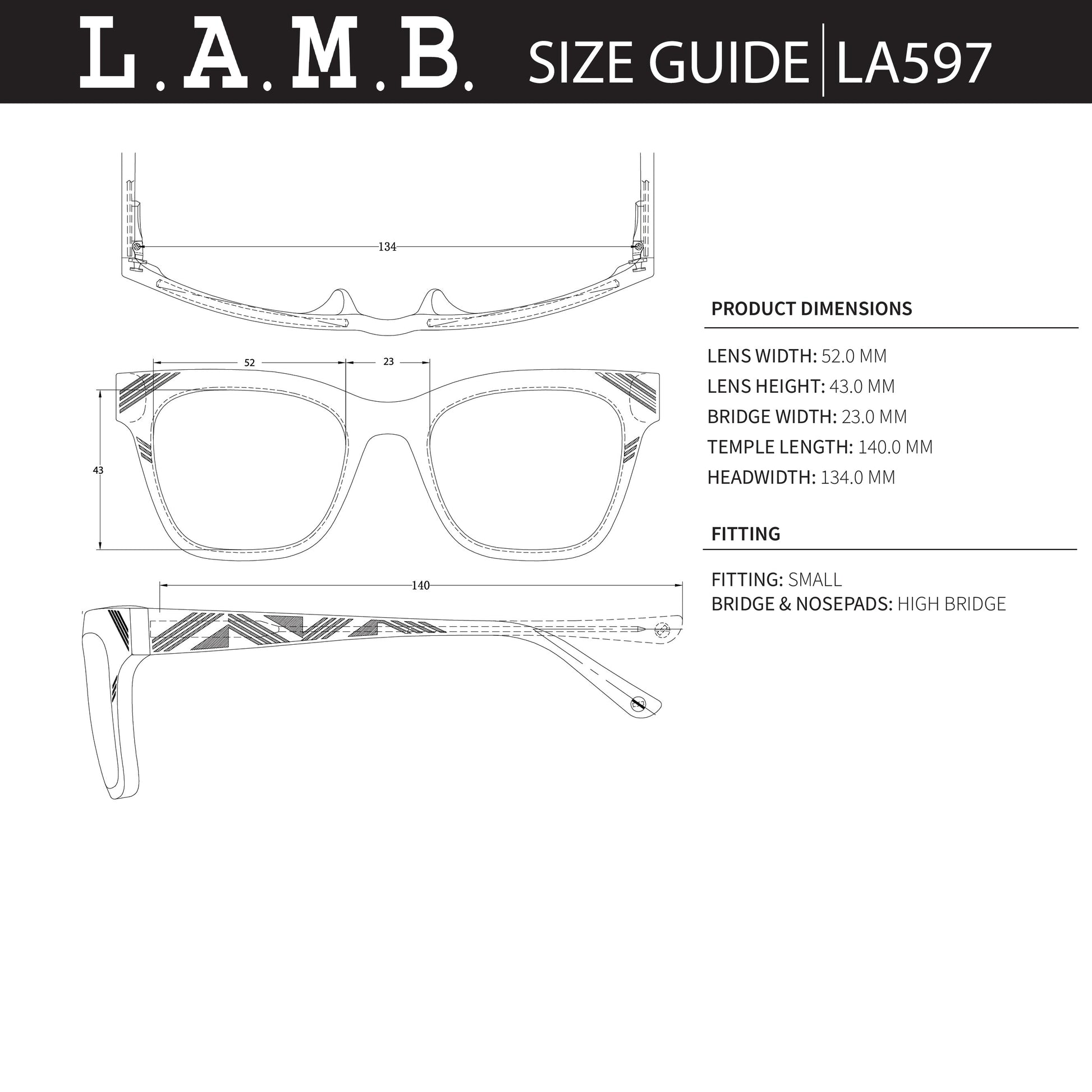 L.A.M.B. LA597 BLK sunglasses technical size guide with detailed measurements and fitting information