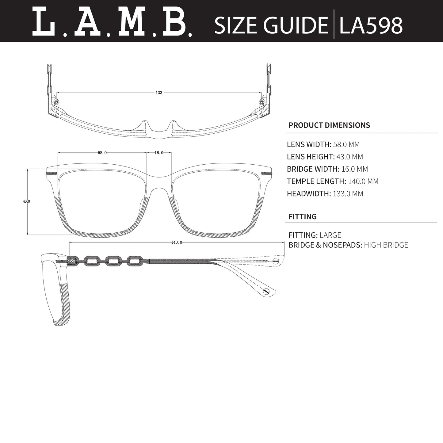 Technical diagram of L.A.M.B. LA598 BLK Sunglasses showing measurements and design details including black crystal pattern brow and rose gold chain temples