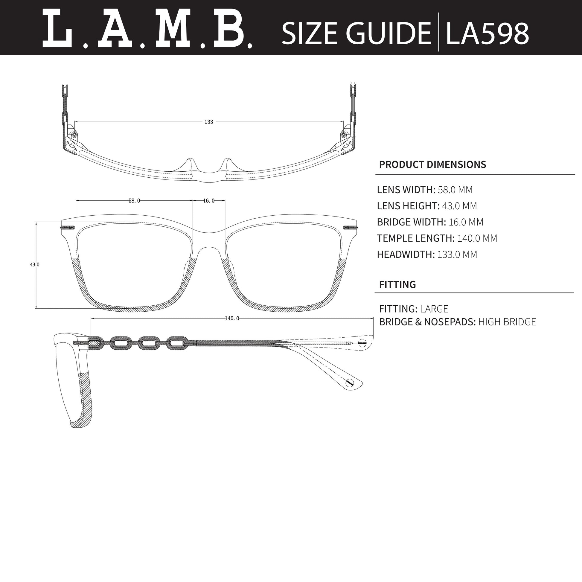 Technical diagram of L.A.M.B. LA598 BLK Sunglasses showing measurements and design details including black crystal pattern brow and rose gold chain temples