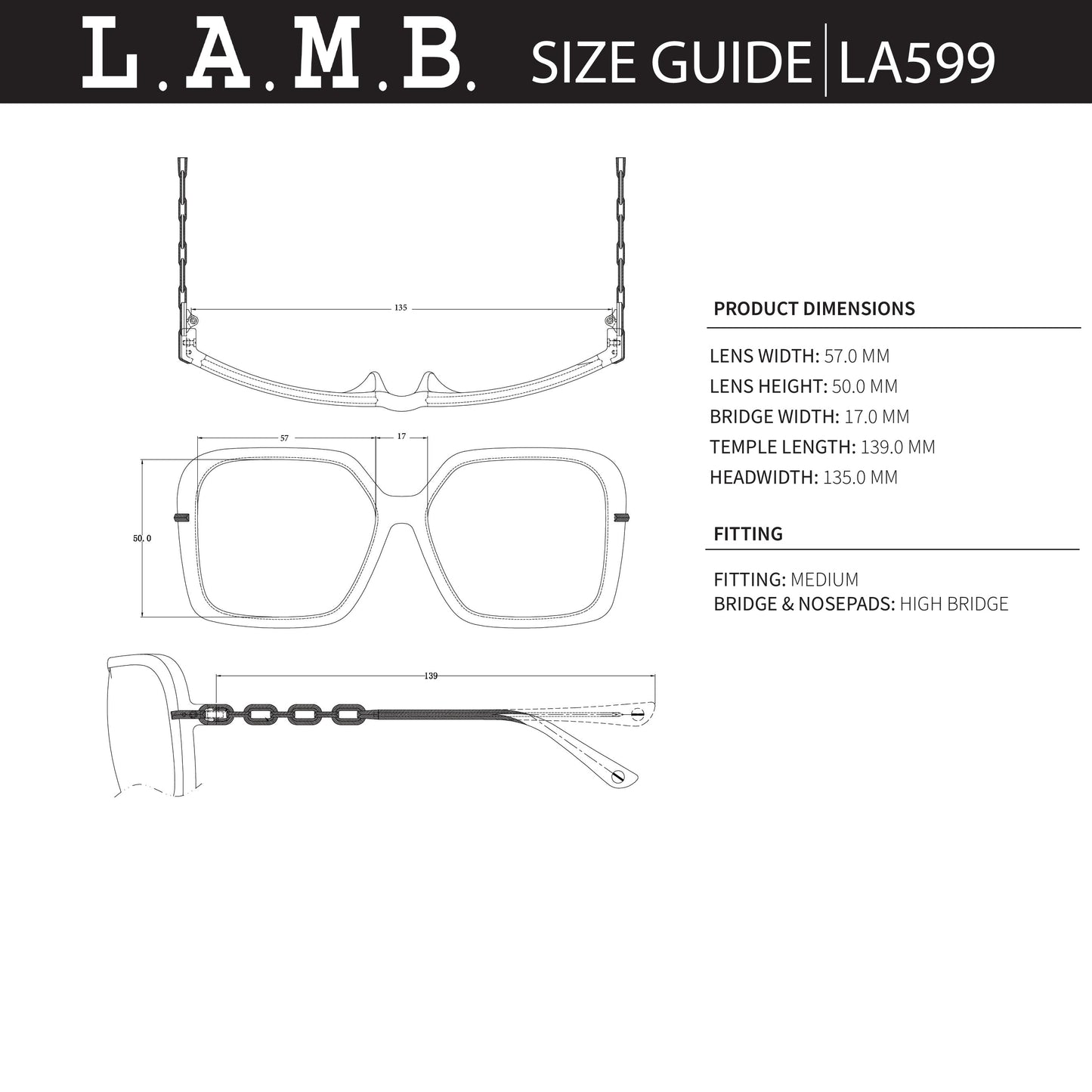 Technical size guide for L.A.M.B. LA599 BLK Sunglasses showing lens width, height, bridge width, temple length, and fitting details with chain design on temples