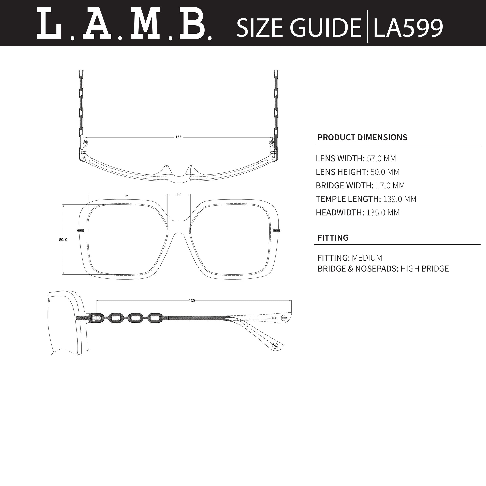 Technical size guide for L.A.M.B. LA599 BLK Sunglasses showing lens width, height, bridge width, temple length, and fitting details with chain design on temples